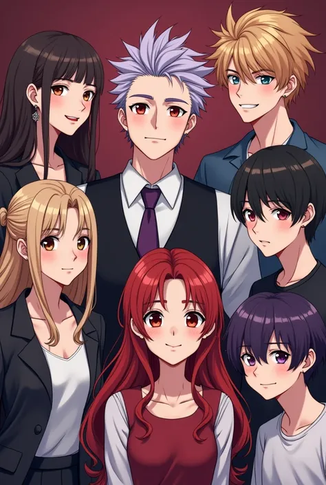 7 people, large family ,mother y father,5 mans,3 women,laughter, anime style ,European Art ,father,man de 25 años,tez blanca,dark red eyes, purple hair, messy hair ,cabello wavy,dark eyes,camisa blanca, black vest,purple tie,long tie,thick eyebrows,brown e...