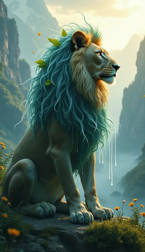 "Create a surreal lion with a mane made of cascading waterfalls, the water glowing with a soft, magical light. The lions body is covered in intricate patterns of vines and leaves, with small flowers blooming along its back. Its eyes are luminous and reflec...