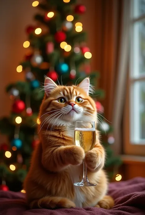 " Lets toast to a world where we are socially equal , humanly different and totally free "

   Humanized cat with a friendly face toasts with a glass of champagne in a Christmas atmosphere at home,  behind there is a Christmas tree decorated with colored b...