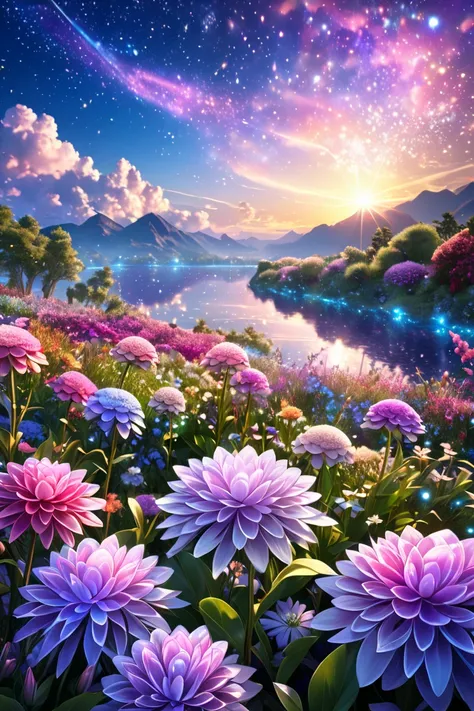 beautiful nature ,beautiful sky,mystical flowers ,Fantasies,sparkling mystical lights , quality(8k, extremely detailed masterpiece, high resolution,top- quality,hyper realistic, increase resolution , Raw photos  ,beste  quality, highly detailed )