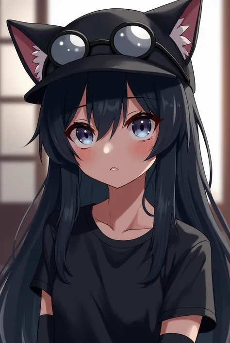 Anime character with black hair with cat ear hat loose hair bangs on the face serious look black t-shirt with warmers black sleeve face asia under lenses over the hat