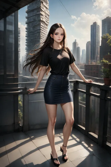 college girl, smiling, standing posed, arms akimbo, skyscraper, cable-stayed pedestrian bridge, {(+forehead, long straight hair, dark-brown hair)}, { black t-shirt, dark prussian-blue denim pencil skirt (+knee length skirt), black platform sandals}, BREAK,...