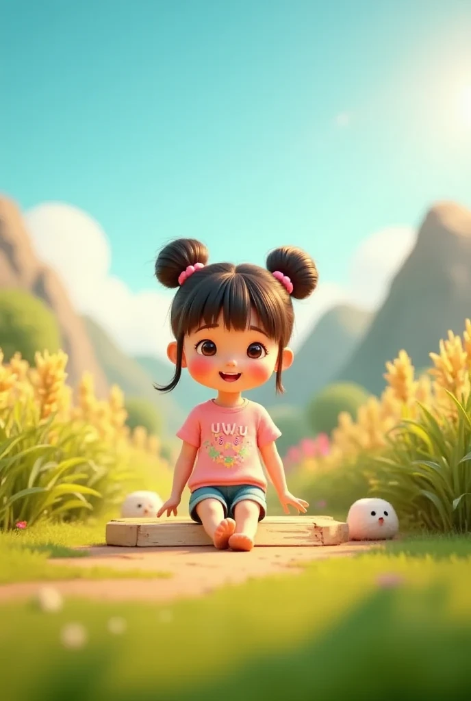 A cute and adorable  girl with her hair styled into two high buns and bangs, her shimmering hair strands glowing under the gentle afternoon sun. She’s a beautiful  with rosy cheeks, wearing a pastel-colored shirt with the word “uwu” printed on the front. S...