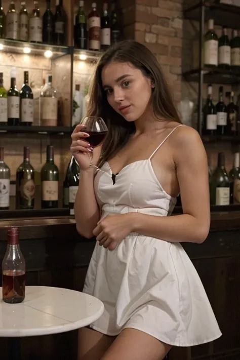 young woman in a bar with a rose holding in her hand and next to it a small table with a white tablecloth on which there is a bottle and a glass of wine.