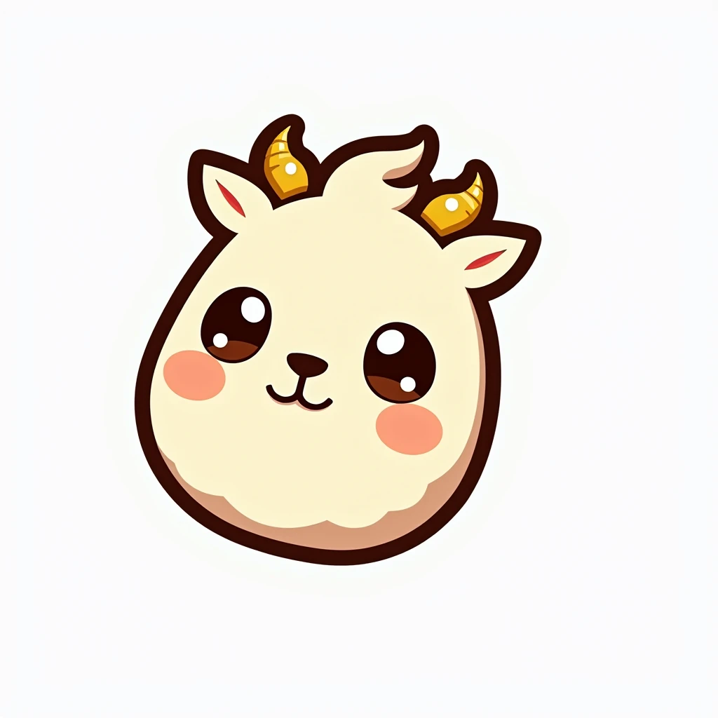 A cartoon goat head, centered in the image.  The goat is stylized with large, rounded features, a light creamy white color, and large, simple eyes. Its expression is friendly and cute, with a small, upturned mouth.  The goat has large, bright yellow horns ...