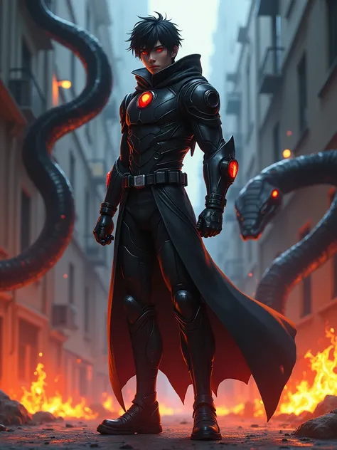  blood-eyed anime male warrior in futuristic combat suits， Strong ，Young and handsome，Turn sideways，There is a flame under your feet，Standing on the streets of the end ，Two huge black pythons grow from behind him ，Horror atmosphere