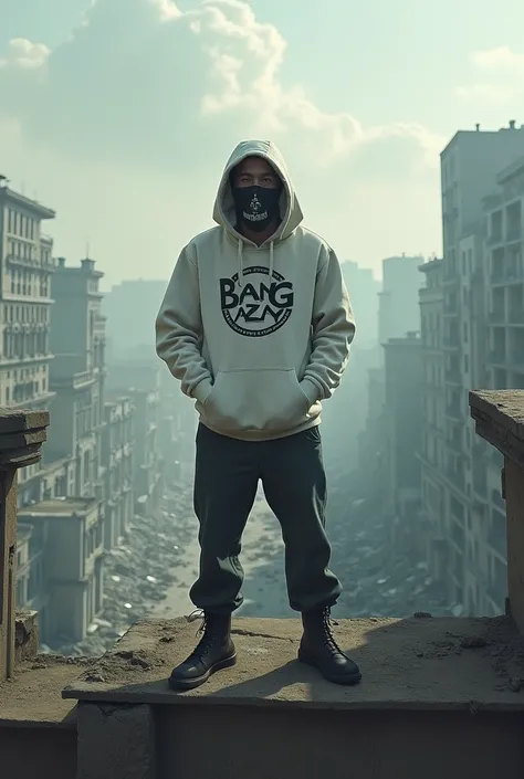 A man wearing a white Hoodie sweater and a mask facing backwards stands on top of the building while looking at the shattered earth,
  there is a Bang Azay name logo on a white Hoodie sweater  