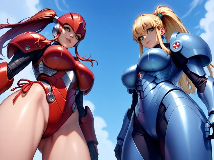 
( super detailed , "  the character has large breasts  " best quality,  high image quality , 8k),  beautiful metallic blue armor designer style " similar to Iron Man  ", 2 girl, Bright color, ( one-sided ponytail ,  long hair ,  below the bust  " saggy"  ...