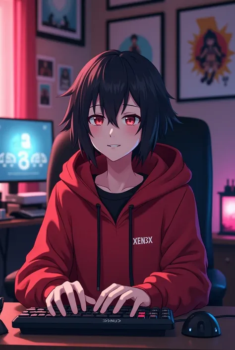 Create a anime itachi boy who have a  mature looking like a man facing in front  he is a  YouTube content creator, sitting in his studio with futuristic gadgets, and there is mic near him ,wearing red hoodie, YouTube channel name XEN3X  smiling, and there ...