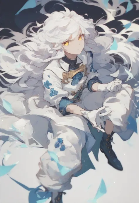 White clothes、White Hair、Yellow Eyes、 white gloves、 black long boots 、Alone、 One Girl 