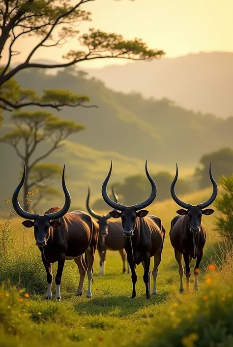 A group of Javan bantengs grazing in the baluran national park in east java