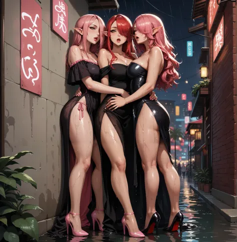 score_9, score_8_up, score_7_up, (2girls: 1.3), {Afemale_and_Bfemale}, Tag1: {Afemale: Adult, Mature, Curvy, Elf Woman: 1.3, (Wet Long Red Hair over one eye: 1.6), wearing a (Black Off Shoulder Dress with High Slit up Side and Black Stiletto High Heels: 1....