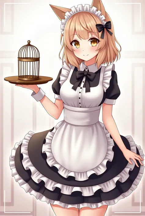 anime girl in maid outfit holding a tray with a birdcage, an anime drawing by Shitao, trending on pixiv, rococo, anime girl in a maid costume, gorgeous maid, anime maids riding early tanks, maid outfit, anime cat girl in a maid costume, maid, anime visual ...