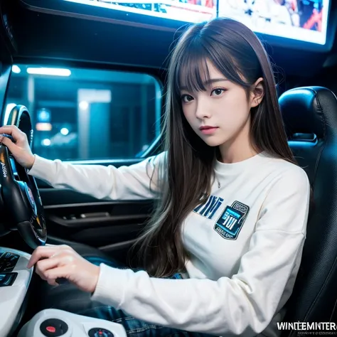 highest quality，masterpiece，Ultra-high resolution, Very detailed, 8k,circuit pit,Japanese game center,Femele Japanese 22-24years-old girl,wintter fassion,long sleeves,she is play racing game ,