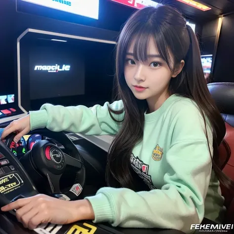 highest quality，masterpiece，Ultra-high resolution, Very detailed, 8k,circuit pit,Japanese game center,Femele Japanese 22-24years-old girl,wintter fassion,long sleeves,she is play racing game ,