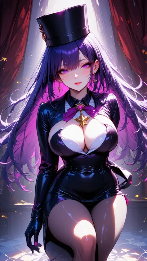  1 mature beautiful woman ,(masterpiece:1.3, top quality :1.3, very detailed depiction:1.3, incredible high resolution:1.3,High quality anime drawings),(The Enchanting Thief:1.3),(Sexy phantom thief costume, tuxedo,Gentleman&#39;s hat,His eyes are covered ...