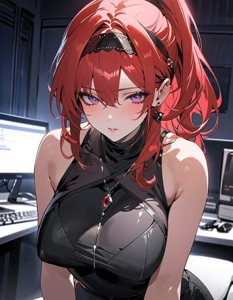 ((masterpiece,High resolution,Highest quality))
(Mature 2,One Light-skinned woman,Very small waist,Big breasts)(Light atmosphere,Seductive eyes)(Hot Red ponytail hair curled into a curl at the end, Light purple eyes,Sharp Eyes)(full body black turtleneck, ...