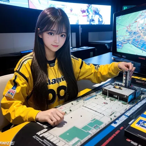 highest quality，masterpiece，Ultra-high resolution, Very detailed, 8k,circuit pit,Japanese game center,Femele Japanese 22-24years-old girl,wintter fassion,long sleeves,she is play racing game ,
