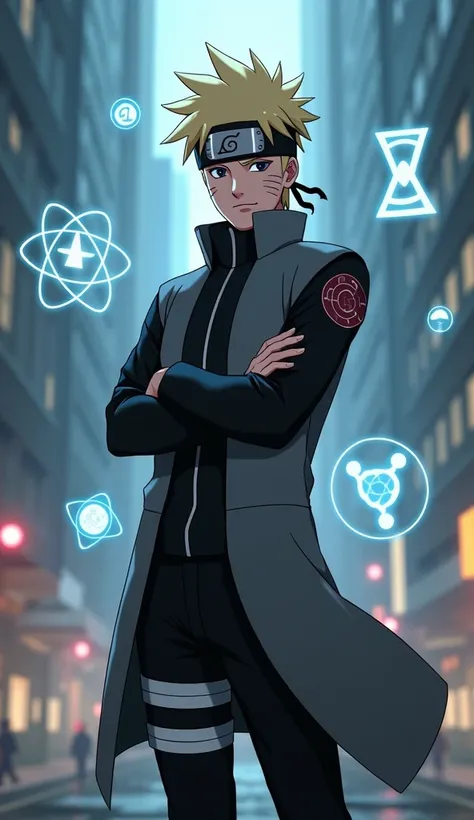 Atheism
"Naruto Uzumaki as a representation of atheism, wearing a sleek, modern black and grey outfit with no religious symbols. His hair is platinum blonde, spiked, and glowing faintly in the light of a digital, futuristic city in the background. He stand...