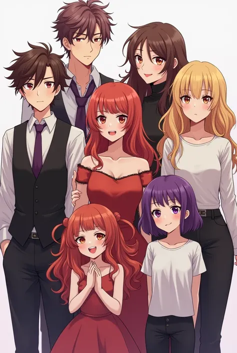 7 people,big family,mother and father,5 mans,3 women,3 blondes , 1 brown-haired , 1 red-haired , 2 redheads,laughter, anime style ,European Art ,father,man de 25 años,tez blanca,dark red eyes, purple hair, messy hair ,cabello wavy,dark eyes,camisa blanca, ...