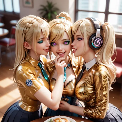  3 girls in extremely tight shiny golden latex polo shirt,  side ponytail,  blonde hair , Lens reflection,  reflecting light ,  high resolution,  masterpiece, pleated skirt, saliva, salivafluss, salivaspur, with corset, Are in the restaurant eating , Breas...