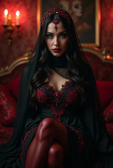 visible full body photo, view from the head to the feet, princess of the abyss, sitting confident arrogant pose, spreading legs, goth and magnificent makeup, booming throughout darkness, Intricate hijab decorated with sparkling ruby, thight dress with intr...