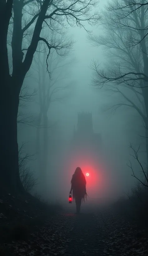 In a forest full of fog ， the red light shines scattered in the distance，Looks like someone carrying a lantern ， can vaguely see the outline of the building