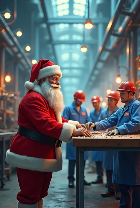 In animation mode ,  give me an image of Santa Claus working in a pressure cooker factory,  with 6 employees wearing blue lab coats 