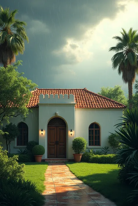 Simple middle east house with open garden, and rainy day that the sky is half light