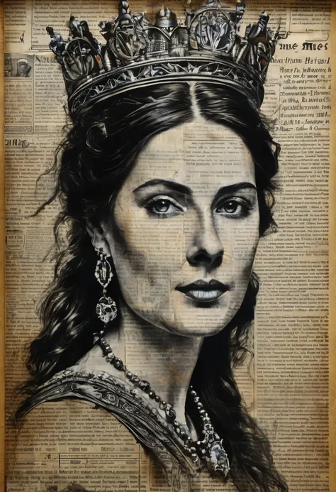 The art of drawing on a newspaper, acrylic drawing on an old newspaper, a portrait of a Medievil Scottish Princess is painted on top of an old newspaper, high definition