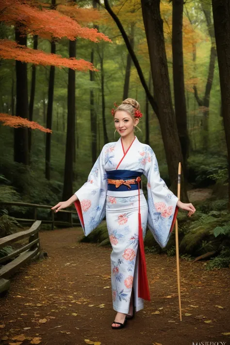 (Super elaborate CG Unity 8K wallpaper), (masterpiece), (highest quality), (realistic), geisha, kimono, dance, elf, pointed ears, ((best quality)), (super detailed)), (((photo)), autumn Japan forest  