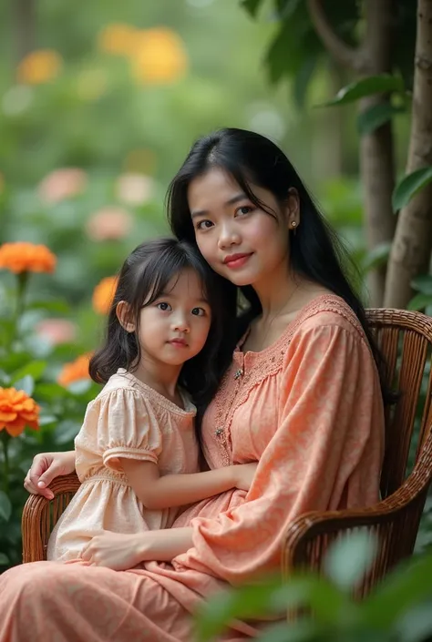 wide angle photography of a slightly overweight young Indonesian woman with a calm expression(wearing a dress)her face is framed by beautiful strands of hair. She sits on a chair with her  daughter surrounded by beautiful flower gardens.,capturing the esse...