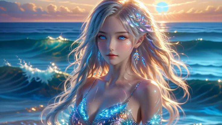 A Masterpiece In 32K Resolution, Supreme Quality, Super Detail, Official Art, Cinematic Lighting, Beautiful And Aesthetic, Ultra-Detailed Features, Very High-Resolution 32K Wallpaper. A Mesmerizing Girl With Blue Eyes, Highlighting Her Ample Breasts And Si...