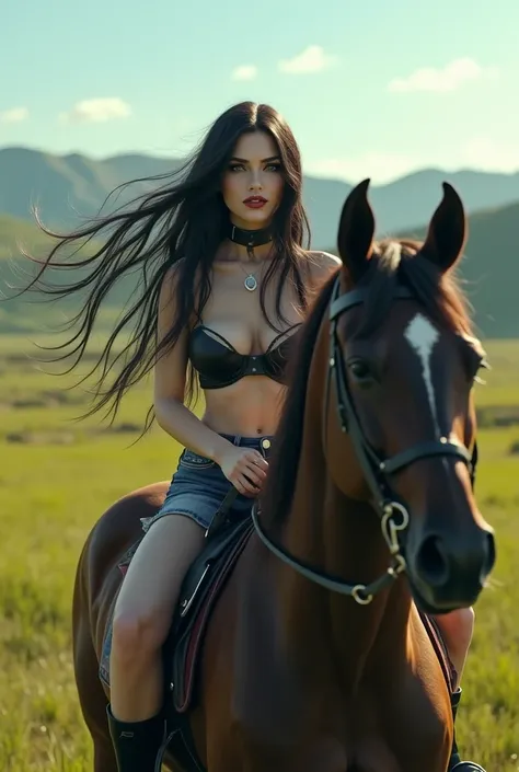 Beautiful Real Looking Woman, Ghotic make up, Pale Skin, black long hair,  bigger brests, wearing short jeans , very tight short shirt,  Boots,  Riding a Magnificent Horse on the Beautiful green pastures,  Stuning Woman , happy , Laughing,  beautiful day ,...