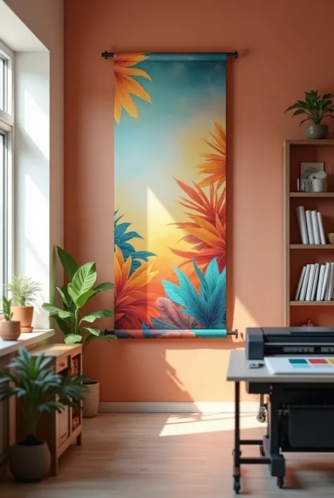 A photorealistic image of a large banner measuring approximately 0.85 meters in width and 1.5 meters in height, featuring a beautiful, vibrant image with no text. The banner is securely mounted on a smooth, warm-toned wall within a cozy, modern print studi...