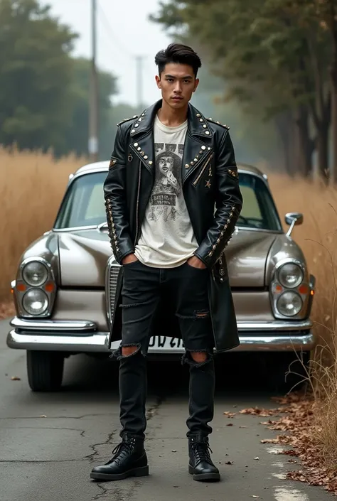 a handsome Korean man is standing in dry tall grass with an antique blue pink Mercedes Benz car . the man is wearing a distro t-shirt full black leather jacket with embroidery and iron thorns jeans black tear black Nike shoes. deserted street background le...