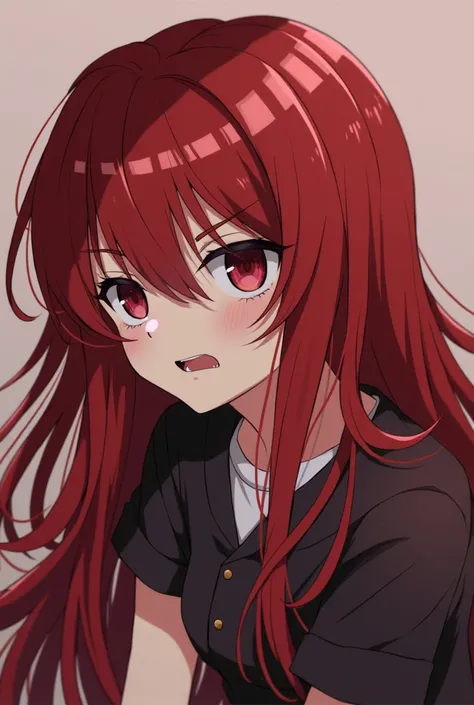  One girl , solo, long hair,  red hair,Disheveled Hair, Tentacles髪, makes me drool,  rough breathing,  contemptuous gaze, Light blush, Red face,  ahe face,  yandere,  Crazy Eyes ,  red eyes,Wide angleショット, 超Wide angle, Wide angle,scar, Tentacles,