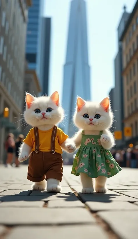  Baby Cats Walking Upright Near a Skyscraper
Two white baby cats are walking upright and forward on a paved city street with a tall skyscraper in the background. One wears a yellow t-shirt with suspenders and brown pants, while the other sports a green dre...