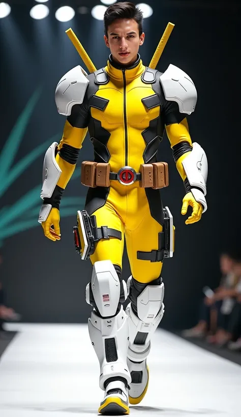  A handsome Korean boy  . wearing a yellow Deadpool superhero costume . Wearing white gundam armor. no mask .  is walking on the stage of a fashion show with bright lighting. full body