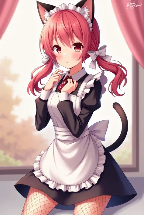 create anime maid with 2 pigtails cute cat ears wearing fishnet stockings 