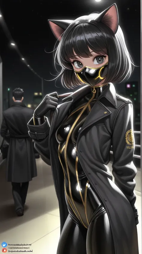 (( maximum detail )), ((Good quality)), (( the best )), (( 4K )), (( Ultra HD )), Young woman, short black hair, black overcoat, Black Gold Plated Bodysuit, black, Black Cat Ears , ตาblack, nighttime