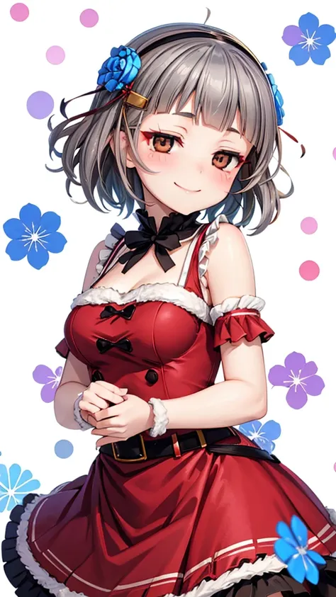 (((solo))), 1 woman, Sakuya Kurobane, sakuyaunif, kurobane_sakuya, (brown eyes), short hair, grey hair, black hairband, blue hair flower, red eyeliner, blush, smile, beautiful chest, medium chest, (upper body), santa claus