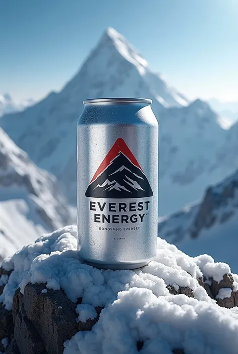 A can of energy drink with the name Everest Energy and with the mountain peak as a logo