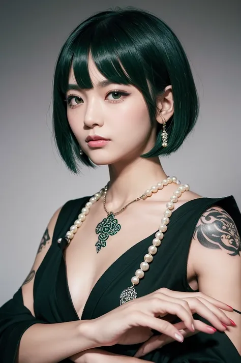 "A manga-style yet realistic depiction of a strong and mischievous-looking girl with short, deep green hair styled in a bob cut. She has cat-like eyes and is staring straight ahead with a provocative, mocking expression. Her long nails are painted and her ...