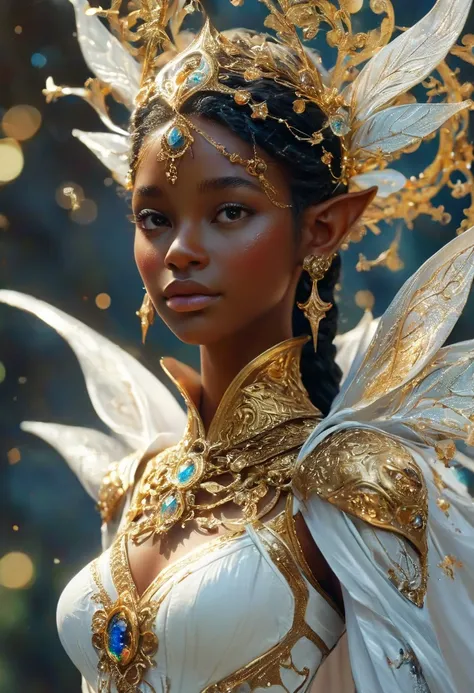 I want an image of 10 elves. The elves should have dark brown skin and delicate features, with pointed ears and long, straight, black hair. They should be wearing white clothing and standing beneath an intricate sculpture made of iron that symbolizes the s...