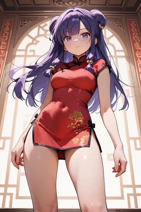 A highly detailed and high resolution image of "Shampoo" [from Ranma 1/2]; Chinese girl with long purple hair and twin buns; cute, hair ornament; a ((red)) Chinese red qipao (red cheongsam) (紅長衫) dress, purple eyes; bare arms; Bare legs; she is serving foo...