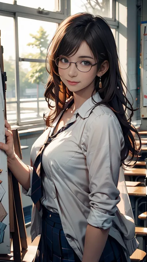 Mature woman, Takashiro Hiroko, art teacher, beautiful, gentle, elegant, high school teacher appearance, long hair, brownish or black hair, glasses, warm smile, professional vibe, artistic atmosphere, standing by an easel, high school campus, sunlight-fill...