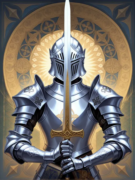 1other, knight_of_diamond, gothic plate armor, upper body, filigree, celtic knot, epic fantasy art, mosaic background, holding weapon, sword, sword up, symmetry, abstract, intricate, book of kells,
    ,masterpiece,best quality,amazing quality,