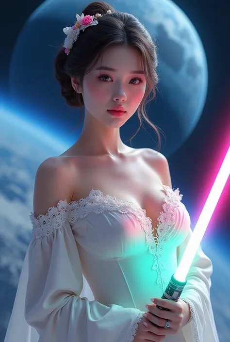 A beautiful sexy buxom cleavage Korean woman like Princess Leia Organa with a beautiful white gown intricate costume design, medium breast, maximum 3D details, with a lightsaber highly reflecting in a rainbow color design. A beautiful dress with lace and a...