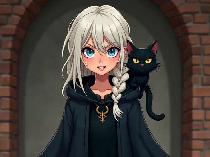 Create a Harry Potter character, a young girl, blue eyes, white hair, a single braid , , black robe, black dress, black hoodie, black gloves, black cat perched on his shoulders, intense emotions projected in his eyes, Inquisitive, mysterious, frightening ,...